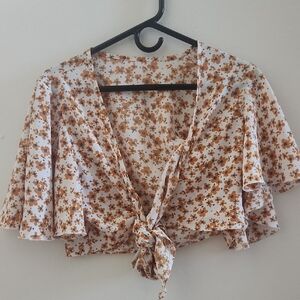 SHEIN Orange Floral Tie-Front Blouse